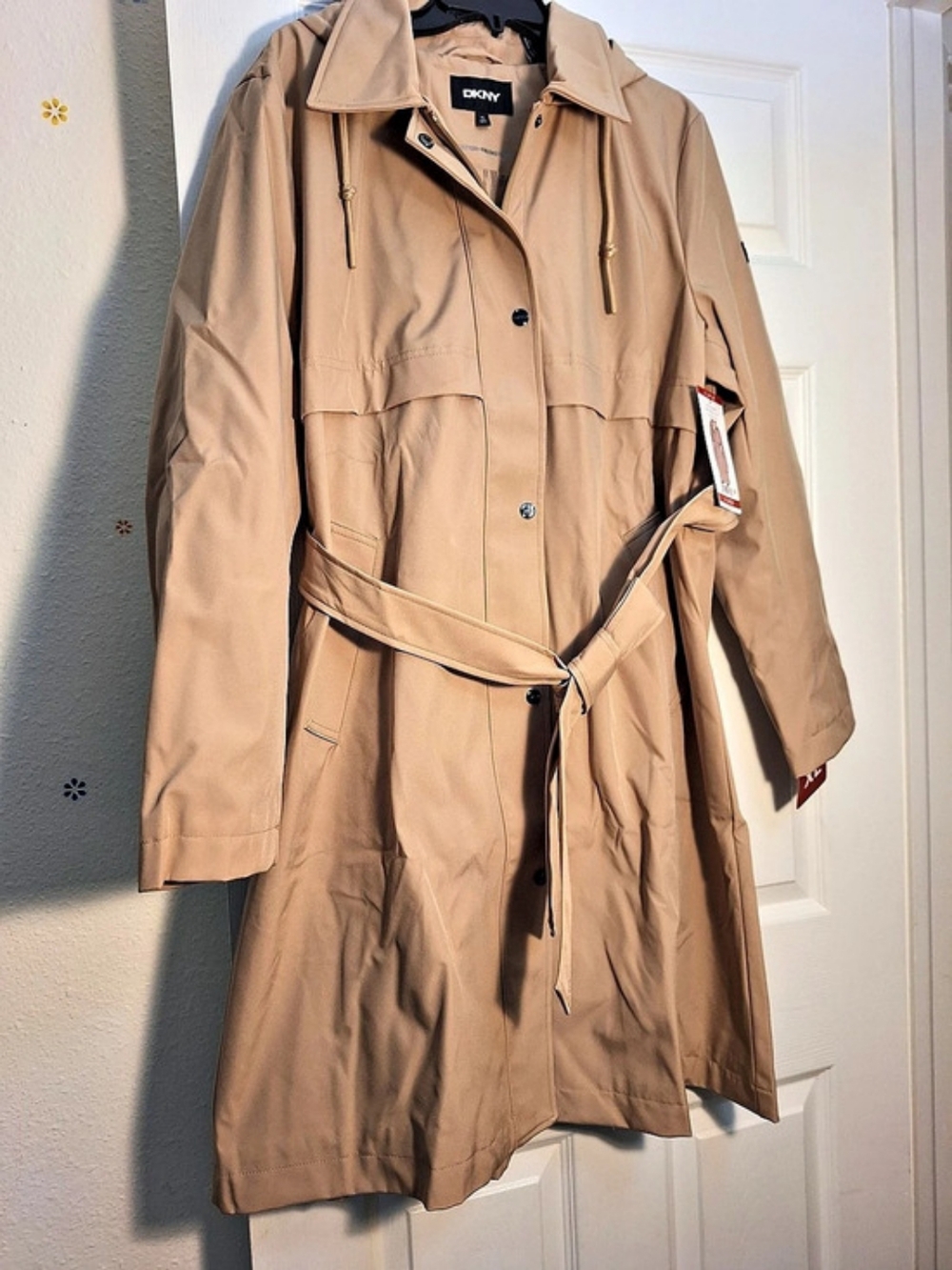 DKNY Women Beige Hooded Trench Coat Brown XL Water-Resistant